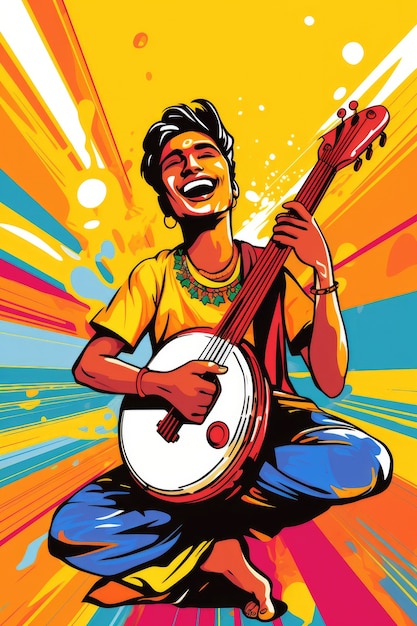 Cartoon-achtig personage dat gitaar speelt