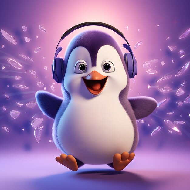 Cartoon geanimeerde pinguïn met koptelefoon