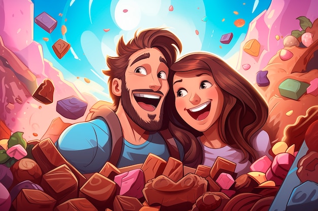 Gratis foto cartoon illustratie met mensen en chocolade snoepjes