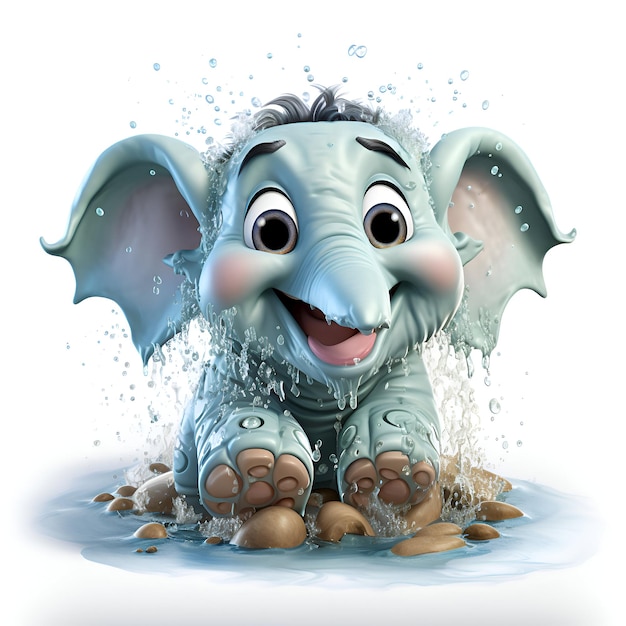 Gratis foto cartoon kleine olifant met watersplitsing op witte achtergrond 3d-illustratie