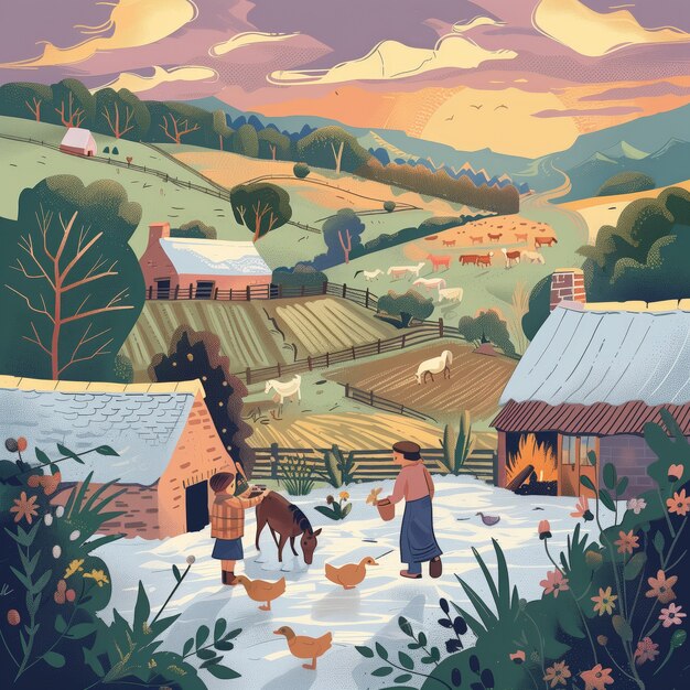 Cartoonillustratie van een boerderijlandschap