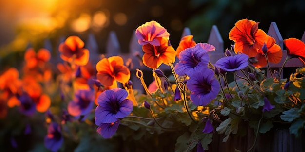 Gratis foto cascade van vuurkleurige nasturtiums contrasteert met de nette lijnen van een tuinhek