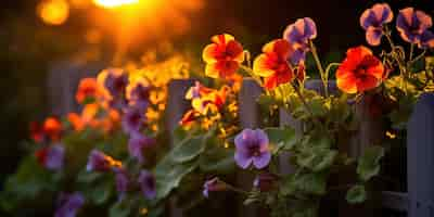 Gratis foto cascade van vuurkleurige nasturtiums contrasteert met de nette lijnen van een tuinhek