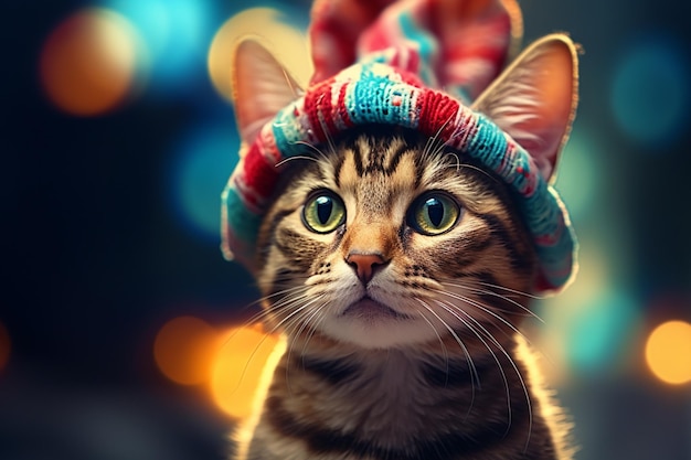 Cat draagt een warme hoed schattig ziet er stijlvol elf