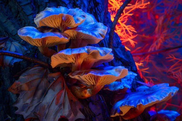 Champignons gezien met intense felgekleurde lichten