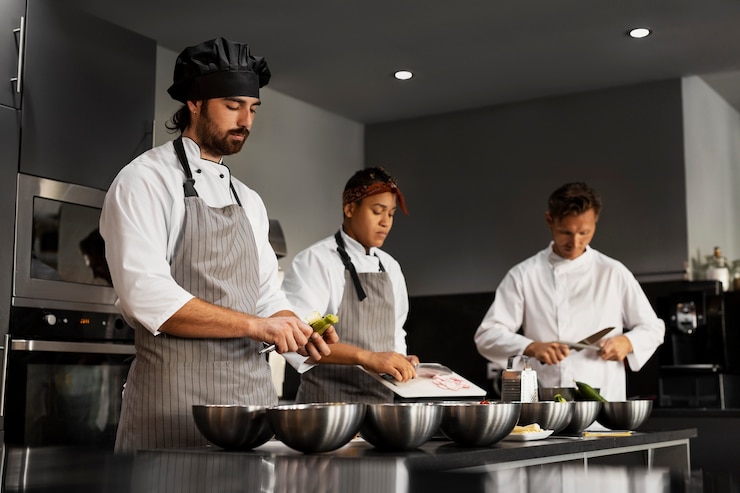 Gratis Foto chef werkt samen in een professionele keuken