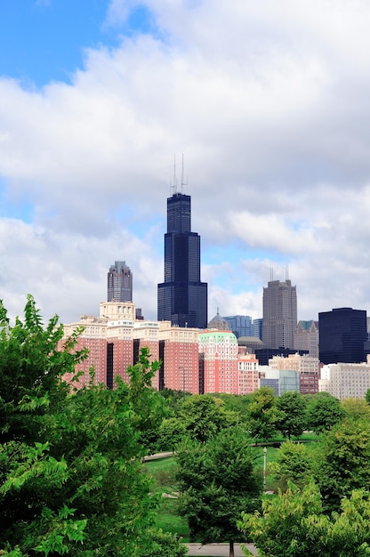 Chicago skyline met bomen en wet met bewolkte blauwe hemel.