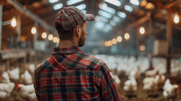 Gratis foto chicken farm scène met pluimvee en mensen