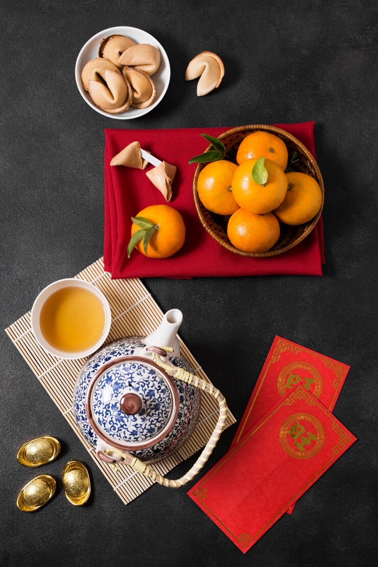 Gratis Foto chinees nieuwjaar met theepot en mandarijnen