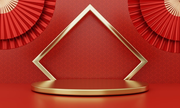 Chinese nieuwjaar rode moderne stijl een podium product showcase met gouden ring frame en china patroon achtergrond. gelukkig vakantie traditioneel festivalconcept. 3d illustratie die grafisch ontwerp teruggeeft