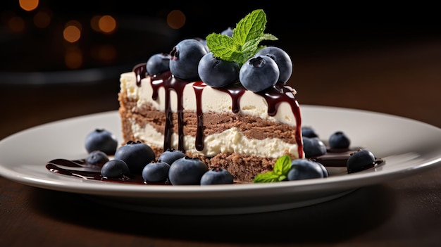 Gratis foto chocolade cheesecake met witte taart en blauwe bessen kunstzinnig bekleed