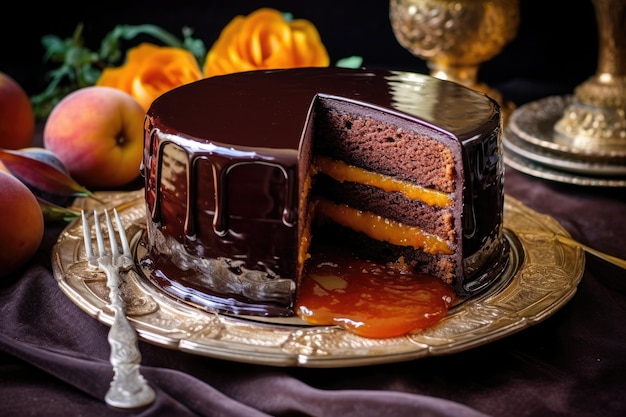 Gratis foto chocolade sacher cake met abrikozenjam op houten tafel traditioneel oostenrijks dessert ai generatief