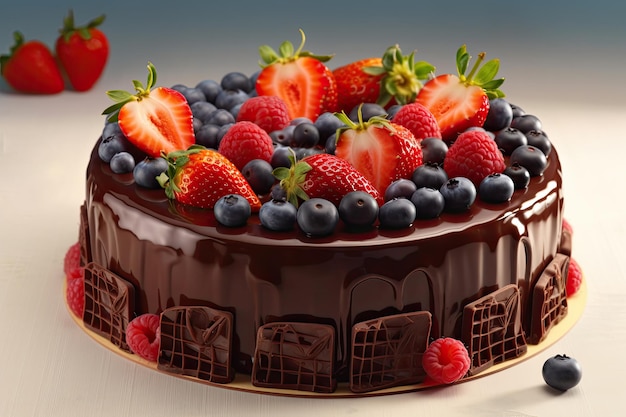 Chocoladetaart versierd met bosvruchten, bosbessen, aardbeien en bramen ai generatief