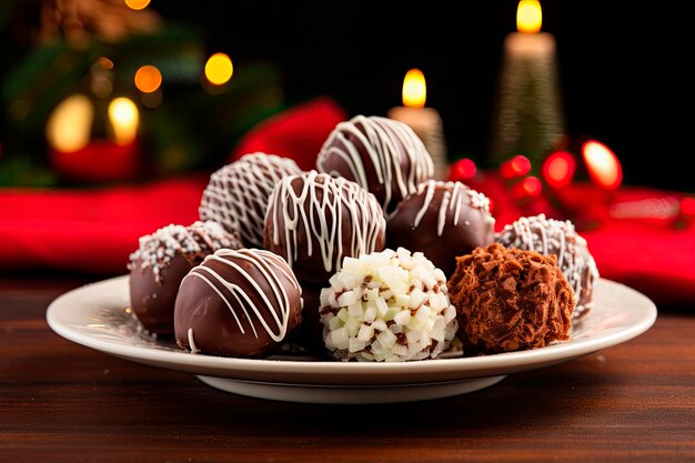 Chocoladetruffels op een bord met kerstornamentachtergrond