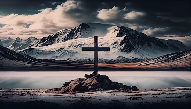 Christelijk kruis op majestueuze bergtop bij zonsondergang generatieve AI