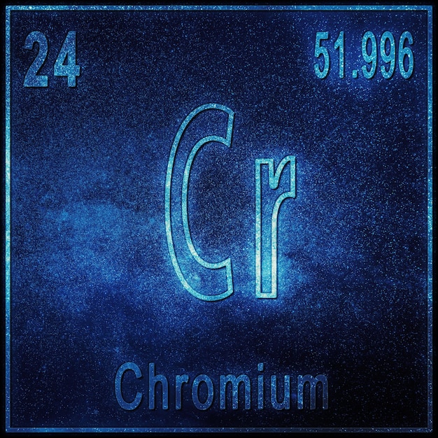 Chroom scheikundig element, bord met atoomnummer en atoomgewicht, periodiek systeemelement