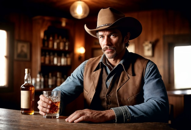 Gratis foto cinematic portrait of american cowboy in the west with hat