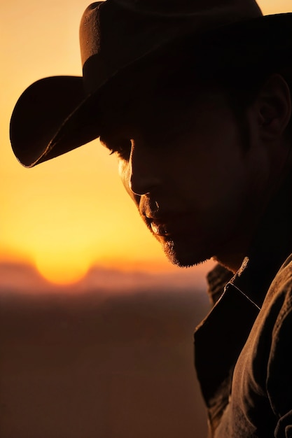 Gratis foto cinematografisch portret van een amerikaanse cowboy in het westen met een hoed