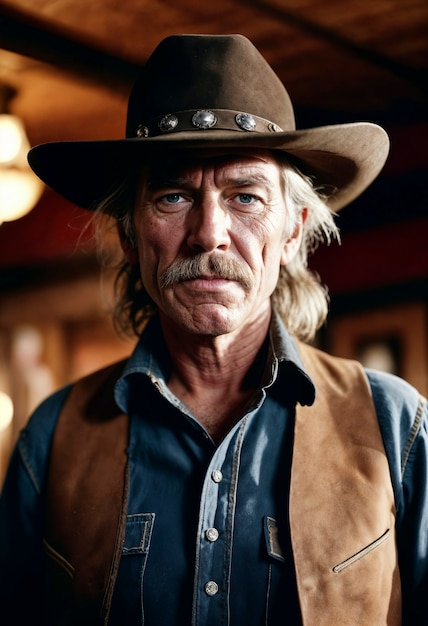 Gratis foto cinematografisch portret van een amerikaanse cowboy in het westen met een hoed