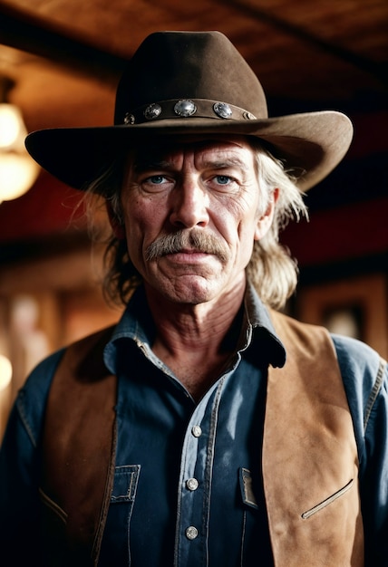 Cinematografisch portret van een Amerikaanse cowboy in het westen met een hoed