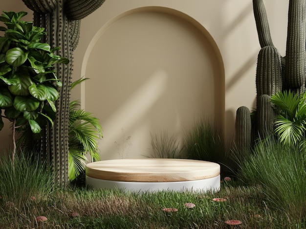 Cirkel houten podium in tropisch bos voor productpresentatie en crèmekleurige achtergrond