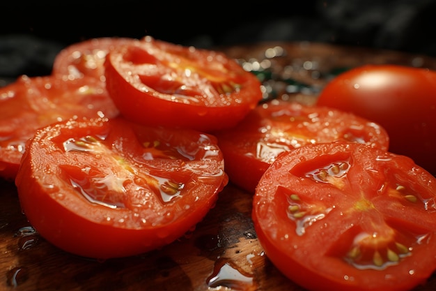 Gratis foto close-up foto van rode verse tomaten in tweeën gesneden met waterdruppels