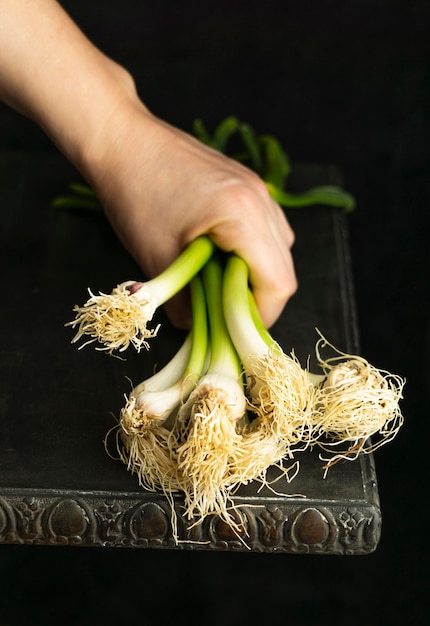 Close-up hand met groene uien