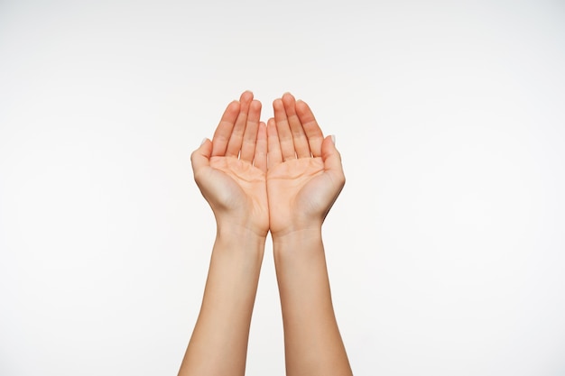 Gratis foto close-up op aantrekkelijke blanke handen van jonge vrouwelijke vormen samen gebaren