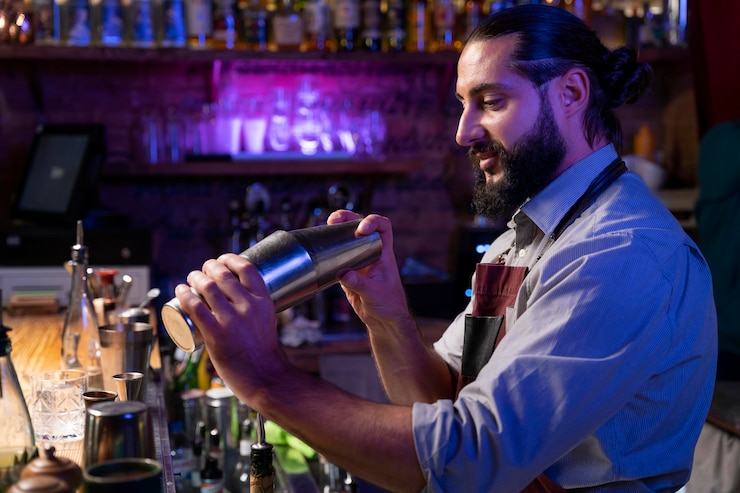 Gratis Foto close-up op barman en cocktailshaker