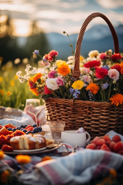 Gratis foto close-up op bloem in picknickmand