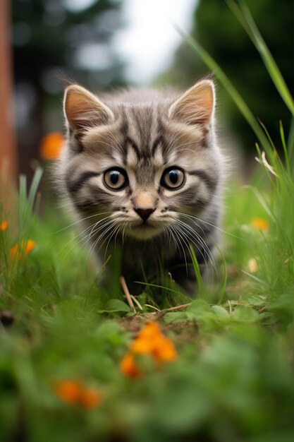 Close-up op kitten omgeven door bloemen