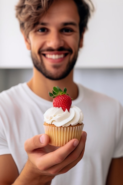 Close-up op man met heerlijke cupcake