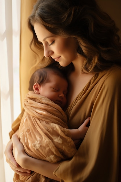 Close-up op pasgeboren baby met moeder