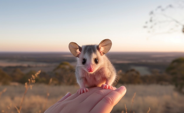 Gratis foto close-up op schattige buidelrat in de hand gehouden