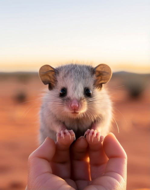 Gratis foto close-up op schattige buidelrat in de hand gehouden