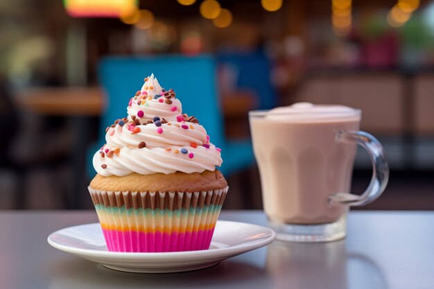 Close-up op schattige cupcake met drankje