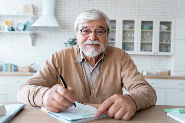 Close-up op senior persoon tijdens het leren