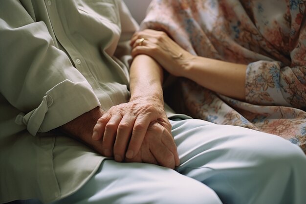 Close-up op verdrietige mensen die elkaars hand vasthouden