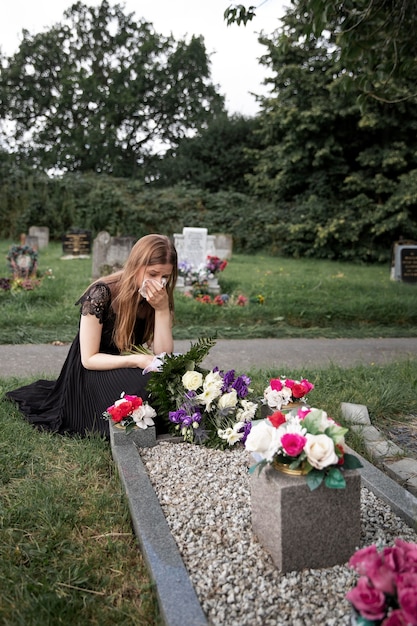 Gratis foto close-up op vrouw die het graf van geliefde bezoekt