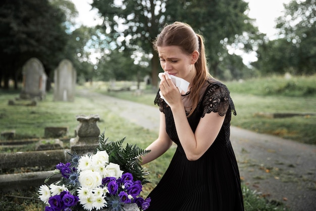 Gratis foto close-up op vrouw die het graf van geliefde bezoekt