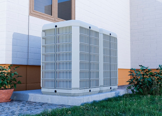 Close-up op warmtepomp buiten huis