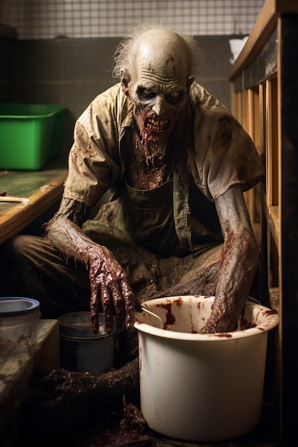 Gratis foto close-up op zombie in de badkamer