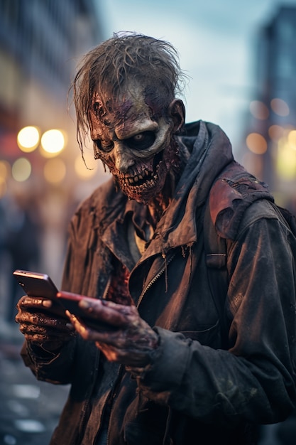 Close-up op zombie kijkend naar smartphone