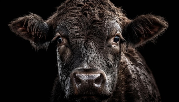 Close-up portret van schattige koe die buiten graast, gegenereerd door AI