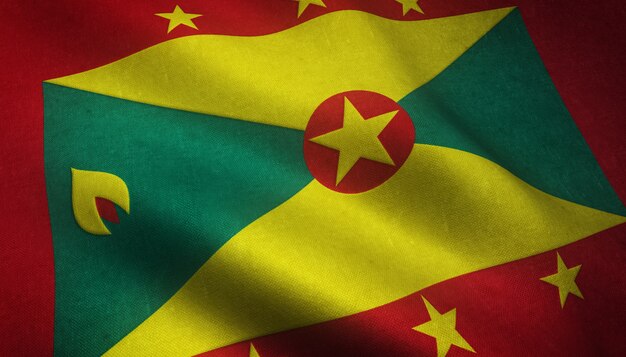 Close-up shot van de wapperende vlag van Grenada met interessante texturen