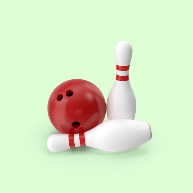 Gratis foto close-up shot van twee bowling pinnen en een bal op een groene achtergrond