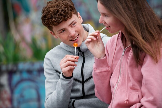 Close-up tieners met lolly's