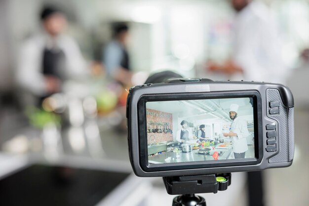 Close up van camera-opname van werknemers in de voedingsindustrie die heerlijke plantaardige gastronomische schotel koken in de keuken van het restaurant. Gastronomie-experts die het maaltijdbereidingsproces uitzenden voor het culinaire tv-programma.