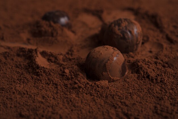 Close-up van chocoladesuikergoed over chocoladepoeder