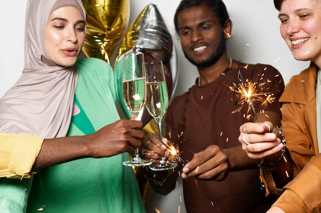 Close-up van collega's die feesten met een drankje